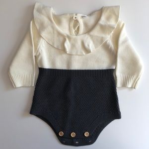 Boho Knit romper, baby girl, cream and gray